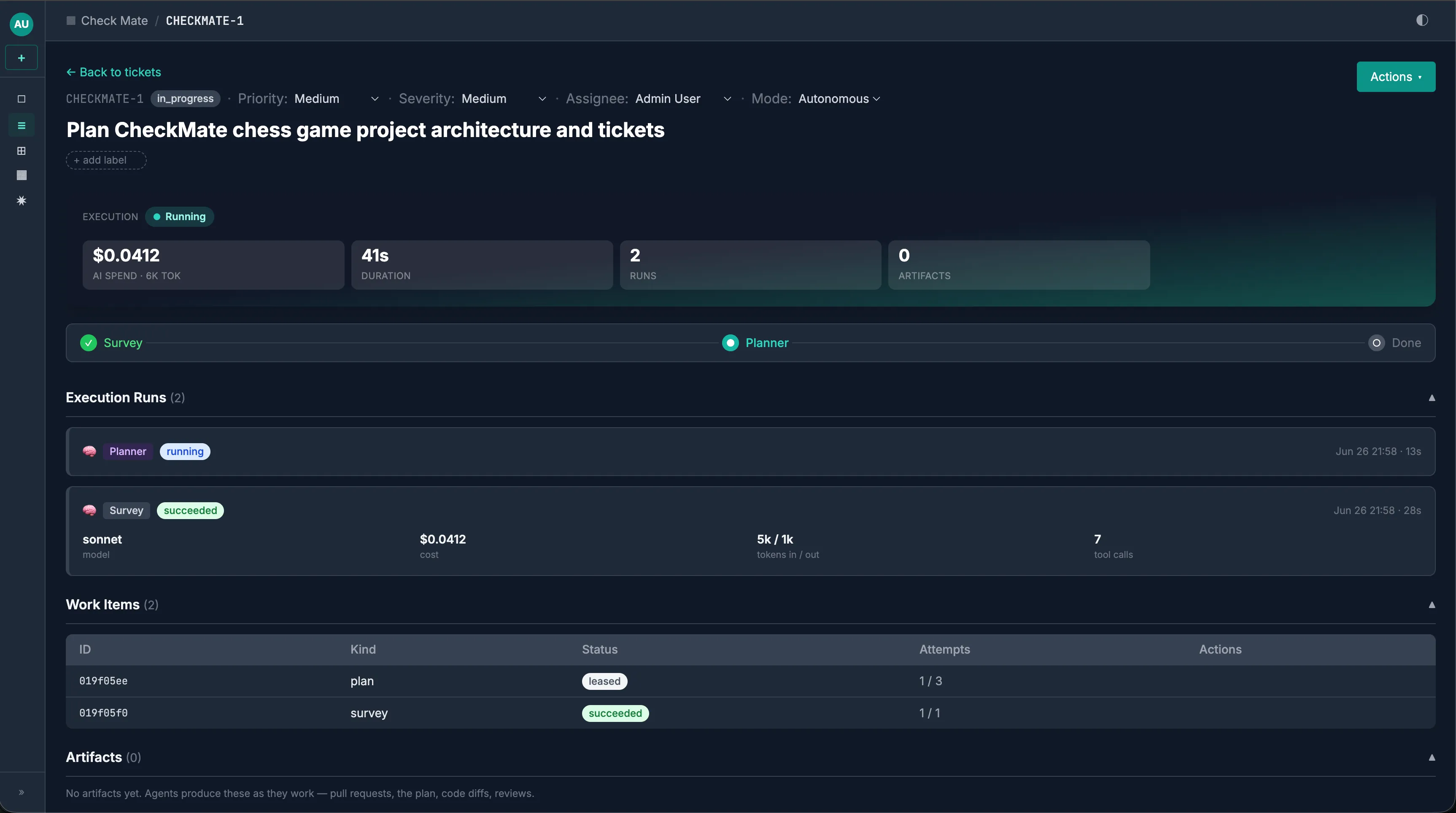 Ticket CHECKMATE-1, “Plan CheckMate chess game project architecture and tickets,” with the Survey step succeeded and the Planner agent running at $0.0412 spend.