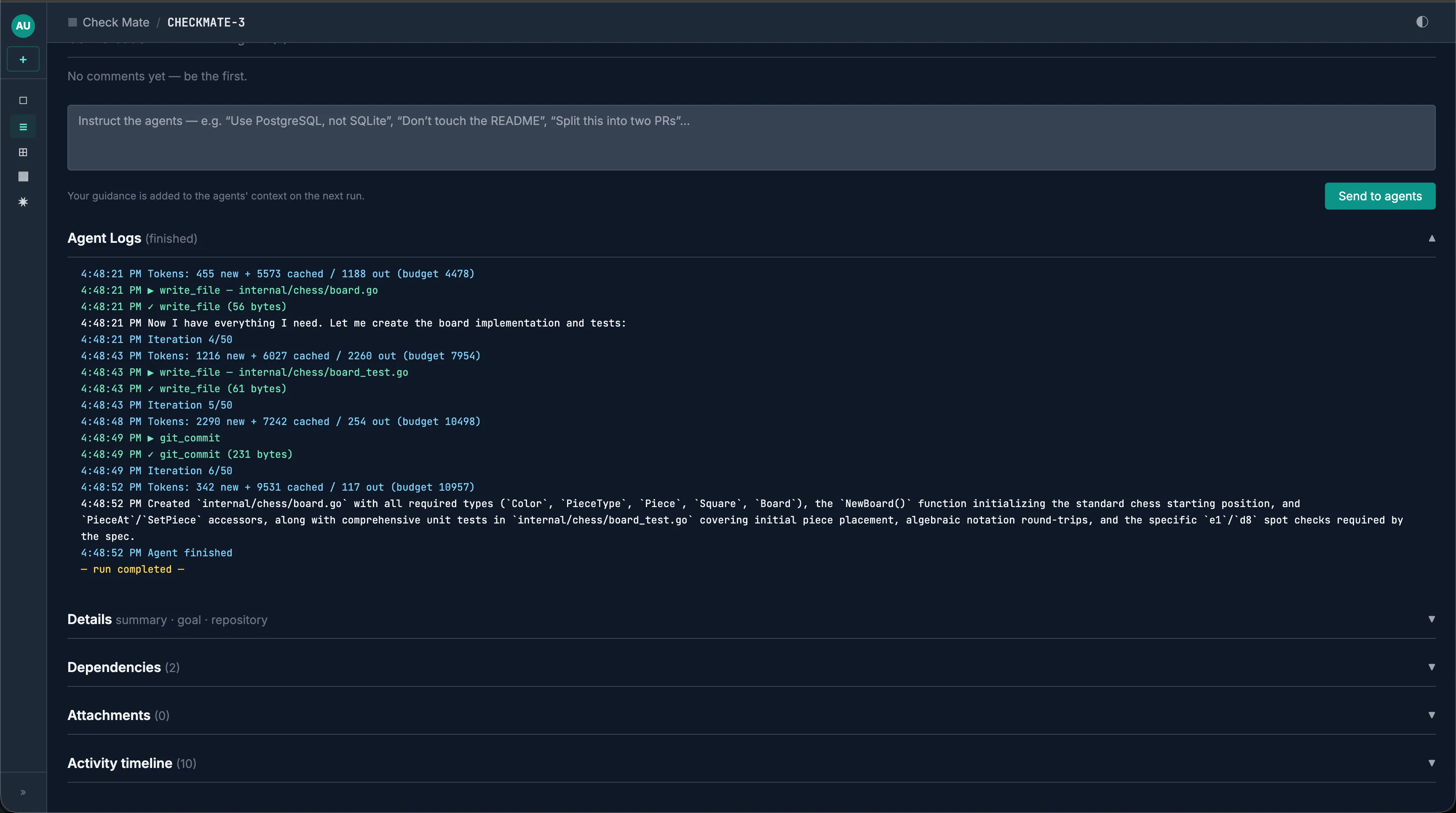 Agent logs for CHECKMATE-3 showing the Developer writing internal/chess/board.go and board_test.go, running git commit, and finishing the run.