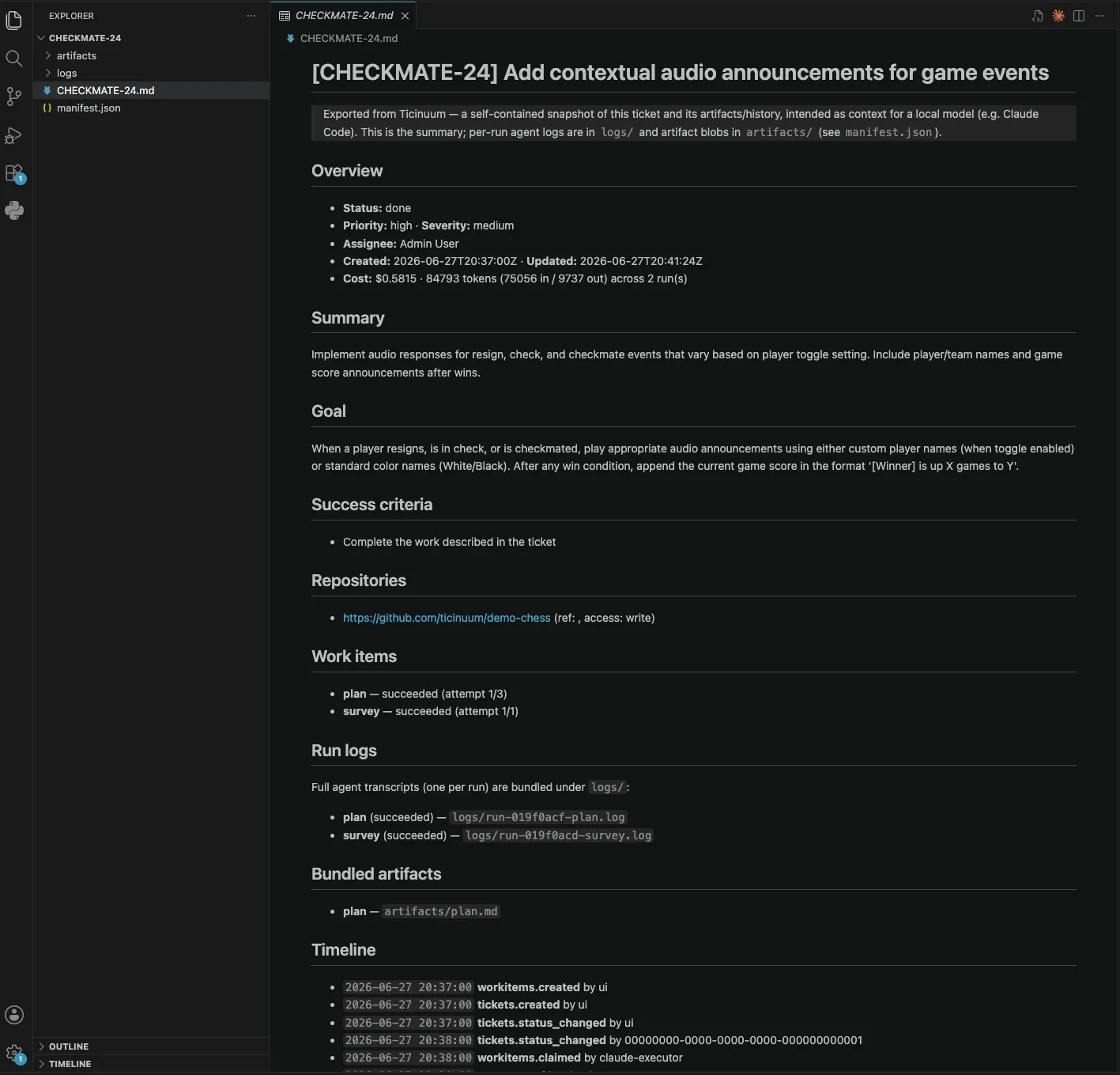Exported Ticinuum ticket summary CHECKMATE-24.md showing overview (status, priority, cost of $0.5815 across 84,793 tokens and 2 runs), repositories, work items, run-log references, bundled artifacts, and a timestamped timeline attributing each event.