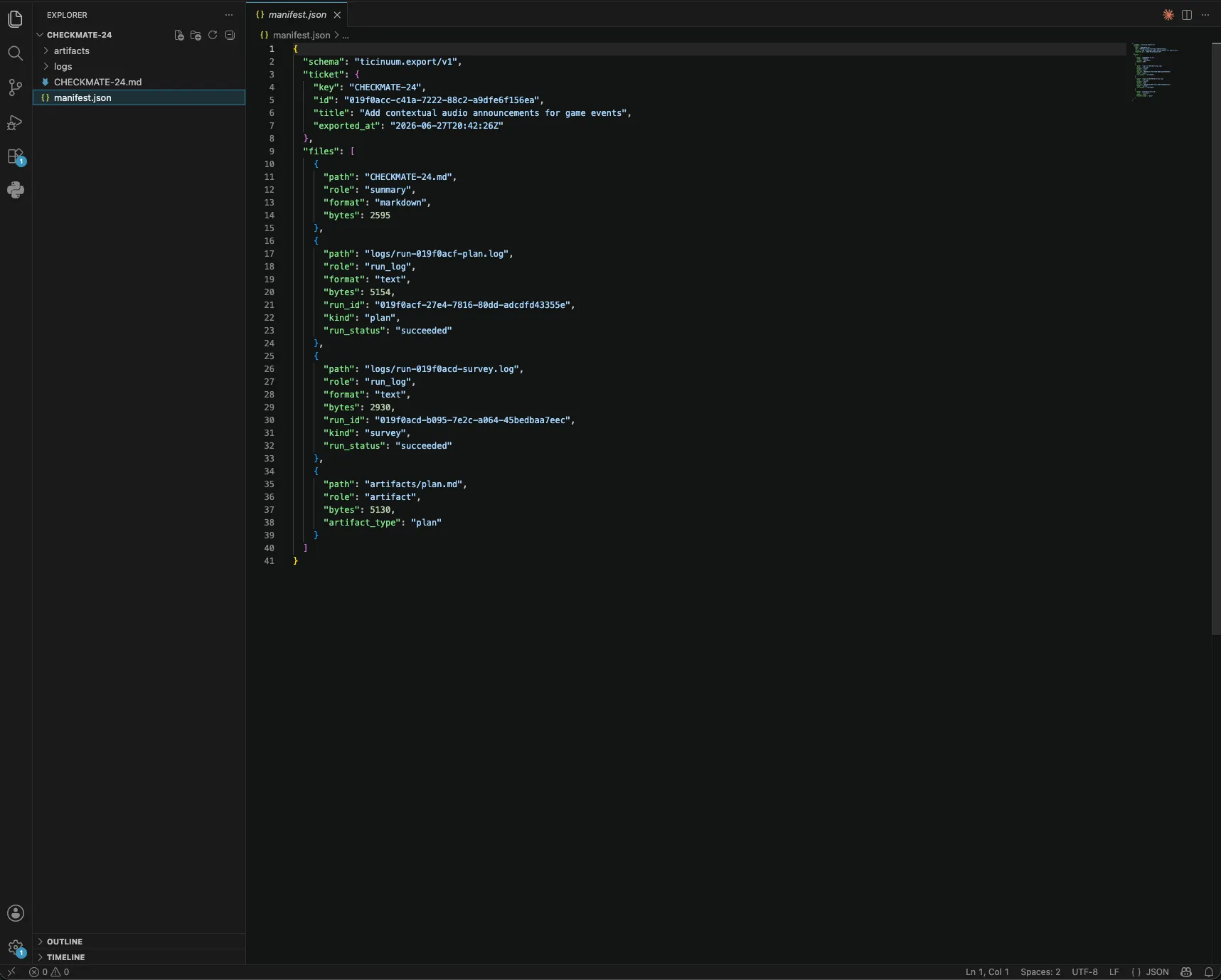A manifest.json with schema ticinuum.export/v1 indexing the exported ticket’s files: the markdown summary, the plan and survey run logs (with run IDs, kind and run_status), and the plan.md artifact, each with byte counts.