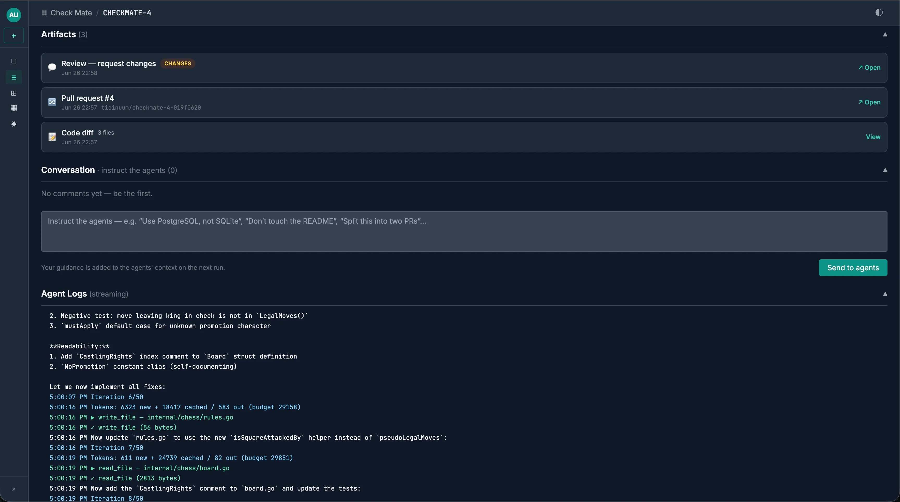 CHECKMATE-4 artifacts (request-changes review, Pull request #4, 3-file code diff) above streaming Reviser logs editing internal/chess/rules.go and board.go.