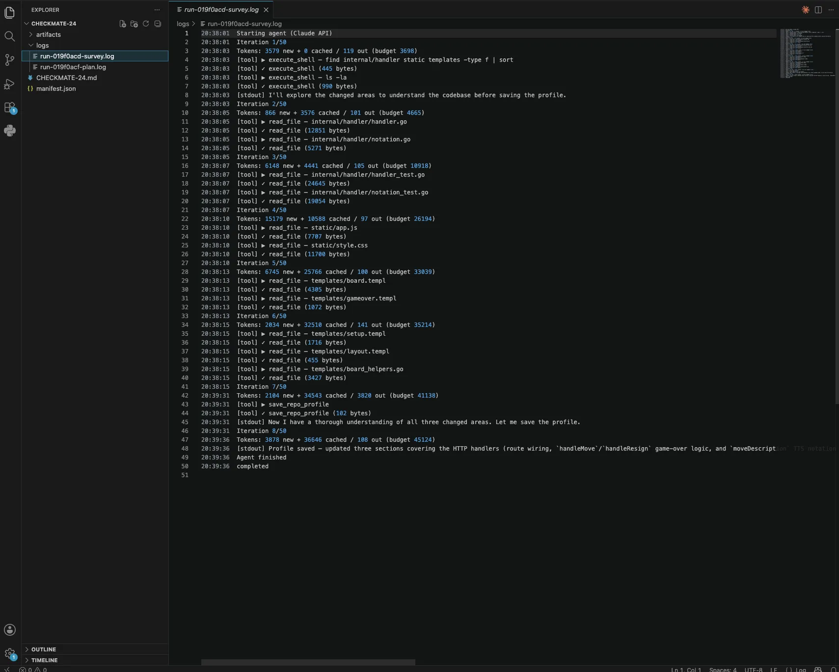 A Ticinuum survey run log streaming the Surveyor agent’s iterations: shell greps, reading handler.go, notation.go, the templates and static/app.js, then save_repo_profile and a written summary of the three changed areas — a full, archived agent transcript.