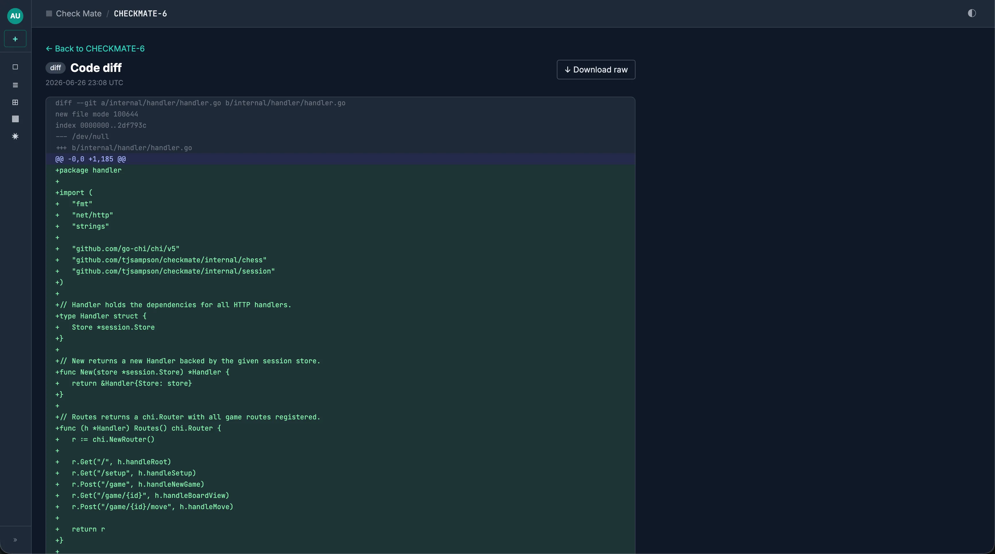 Code-diff view of internal/handler/handler.go showing added chi imports, a Handler struct, a New() constructor, and Routes() registering GET and POST chi routes.